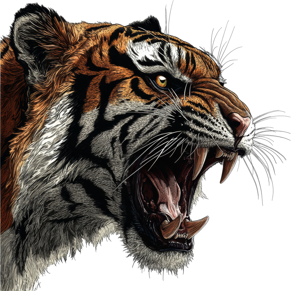 Angry tiger profile view against a transparent background exhibiting fierce expression and strength, Angry Tiger Profile View on transparent background png