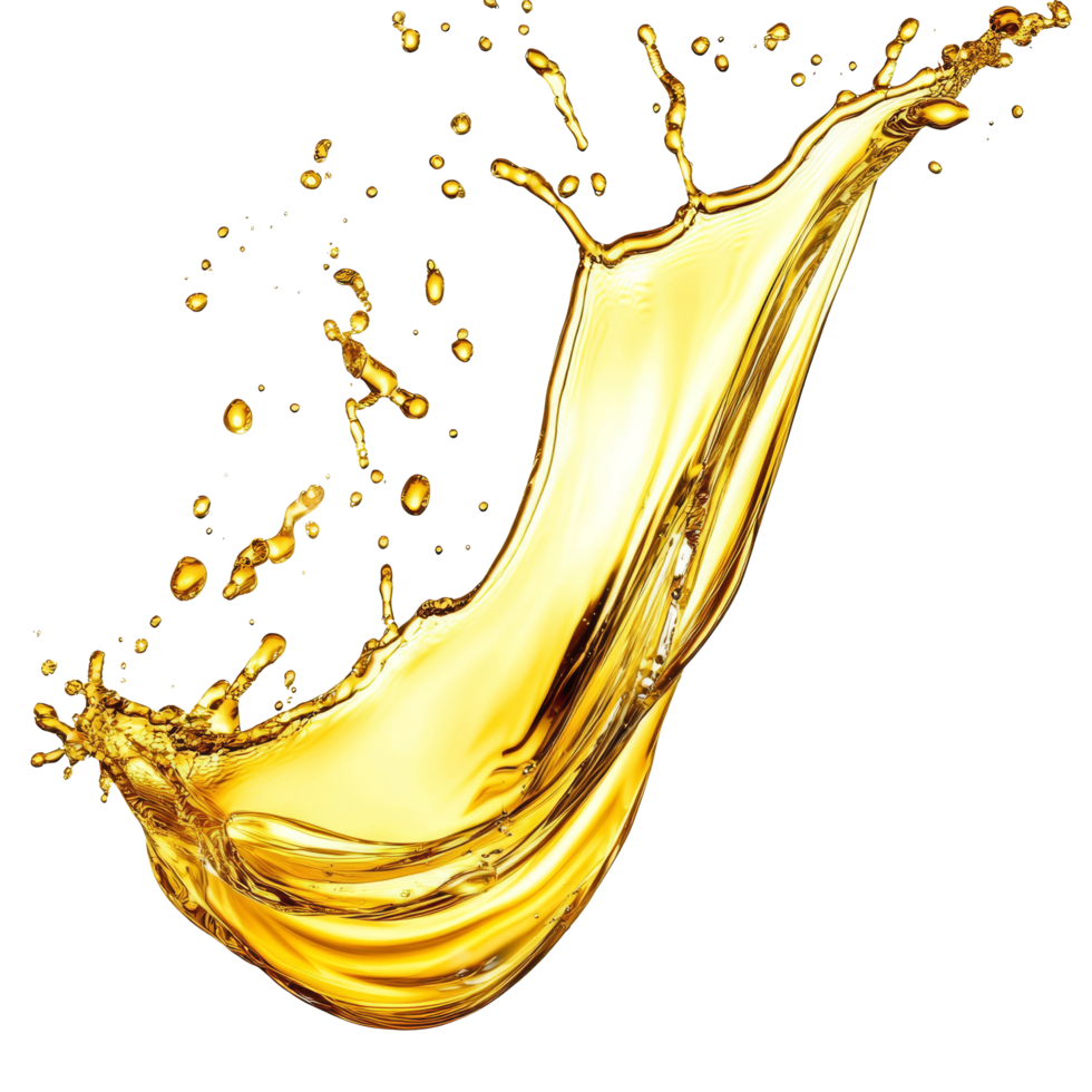 Vivid splashes of golden oil isolated against a clean transparent background demonstrating fluid dynamics, oil splashing isolated on transparent background png