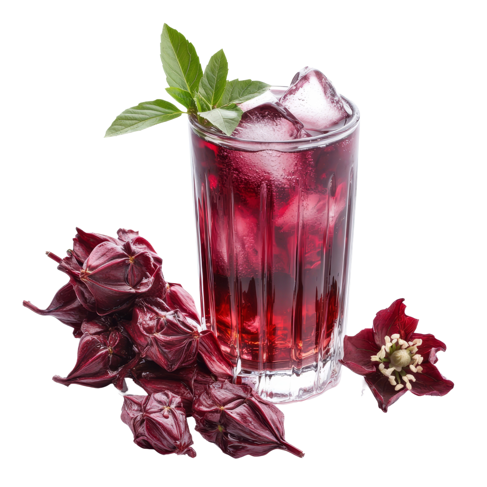 Refreshing roselle flower juice with ice served in a glass for a cool drink experience, roselle flower juice in glass with ice isolated on transparent background png