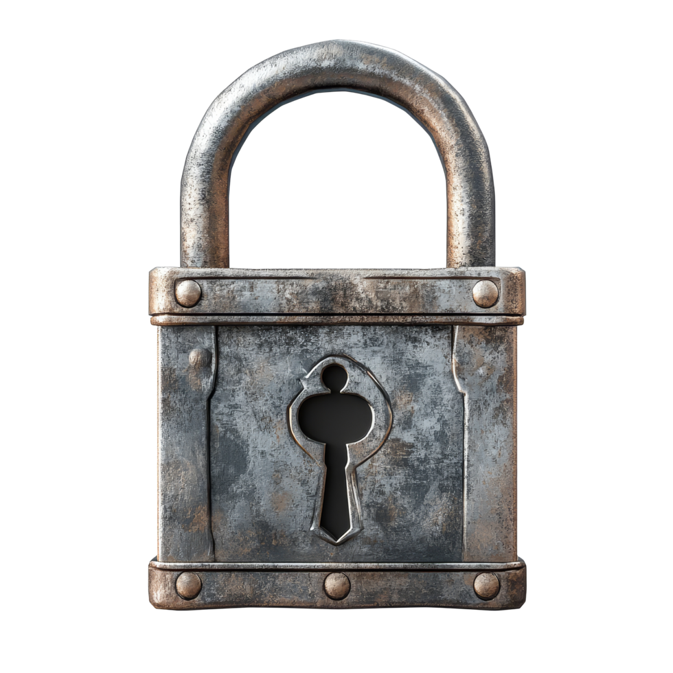 Realistic rendering of a metallic padlock with a keyhole against a plain background, Lock with key isolated 3d Rendering png