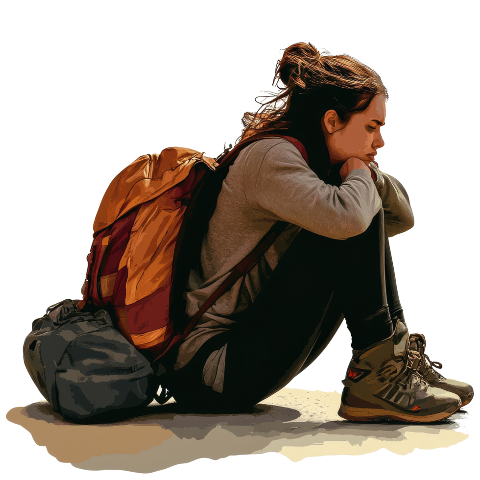 A tired woman traveler rests on the ground with a backpack after a long journey in an unknown location, file no background Tired traveler woman waiting alone png