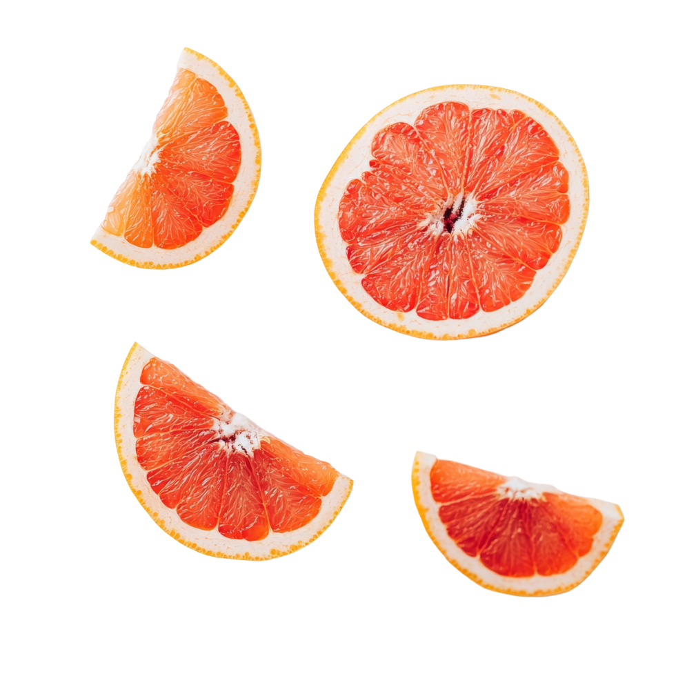 Freshly cut grapefruit slices on a transparent background showcasing vibrant colors and fresh texture, grapefruit with slice on transparent background png