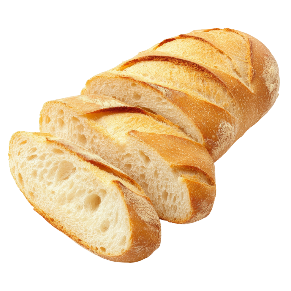 Sliced baguette bread on a clean transparent background ready for serving with fresh toppings or spreads, sliced baguette bread isolated on transparent background png