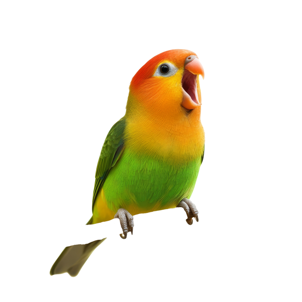 A vibrant lovebird singing joyfully on a branch against a clean transparent backdrop, Lovebird singing on branch isolated on transparent background or transparent backgroud png
