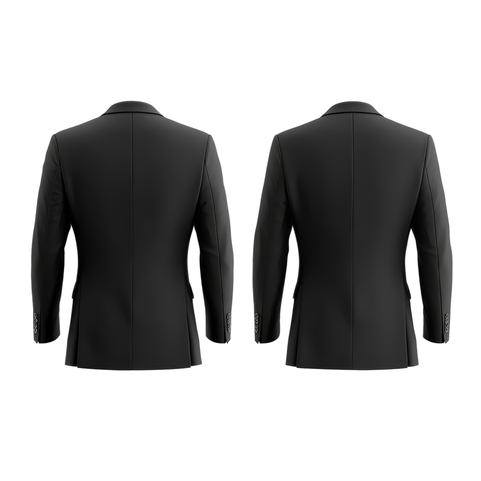 Elegant black suit jacket mockup showcasing front and back views for tailored fashion presentations, Elegant Black Suit Jacket Mockup from Front and Back Views on transparent background png