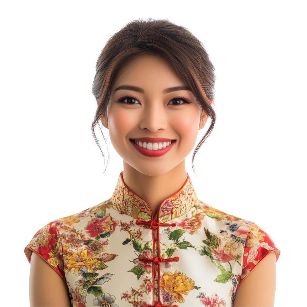 A joyful Chinese woman in a floral outfit smiles brightly in a natural light setting, a portrait photo of beautiful smiling chinese woman in a qipao,isolated transparent background png