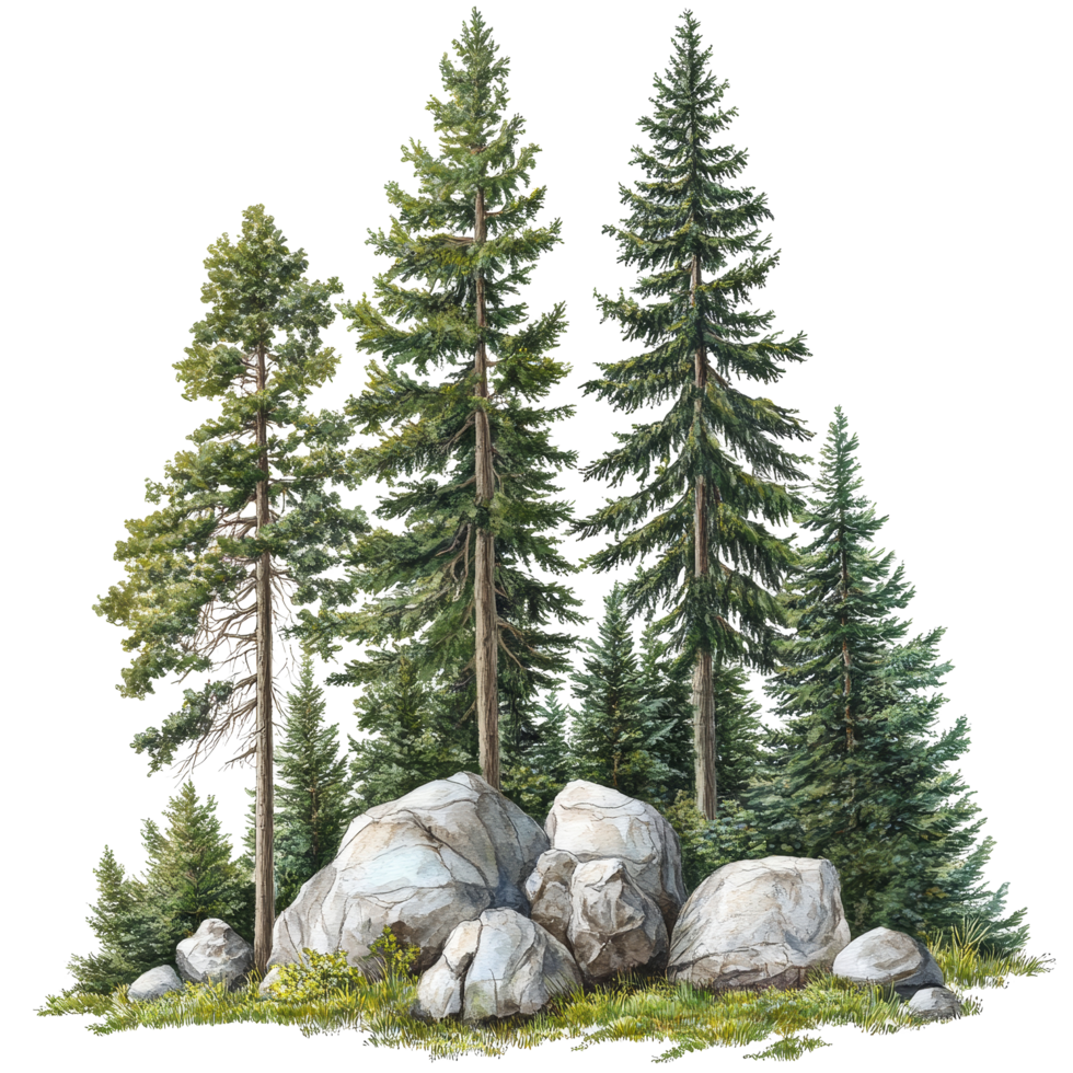 A serene spruce forest with prominent rocks set against lush greenery in a tranquil, natural landscape, spruce forest with rocks, file of isolated object on transparent background png