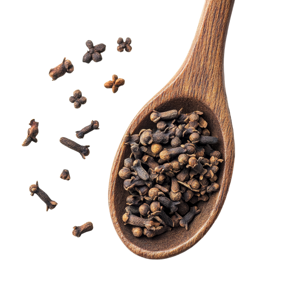 Cloves spice on a wooden spoon showcasing natural texture against a transparent background for culinary uses, cloves spices in spoon on transparent background png