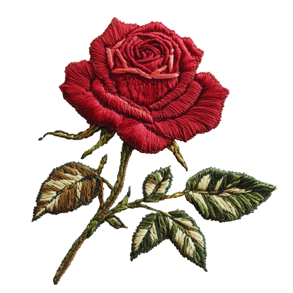 Intricate red embroidery of a rose flower with delicate leaves on a transparent background showcasing textile artistry, Embroidery rose flower on a transparent background png