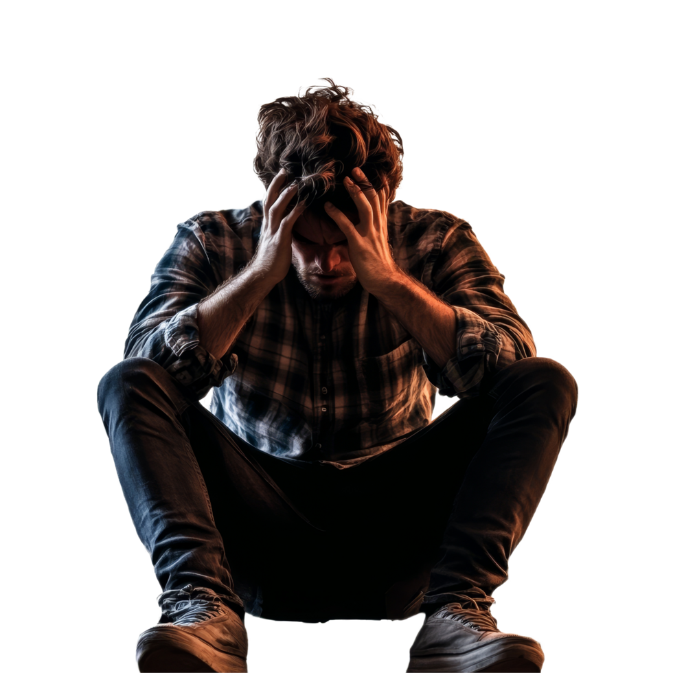 A young man sits with his head in his hands, expressing deep discomfort and emotional distress in a minimalistic setting, file no background Uncomfortable emotional man sitting and sweating png
