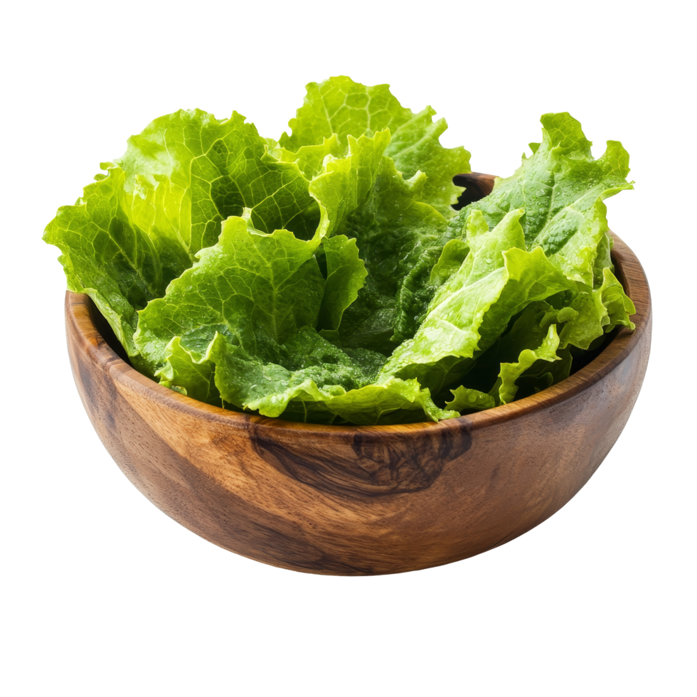 Fresh lettuce leaves in a wooden bowl on a transparent background ready for salads and healthy meals, Lettuce leaves in wood bowl isolated on transparent background png