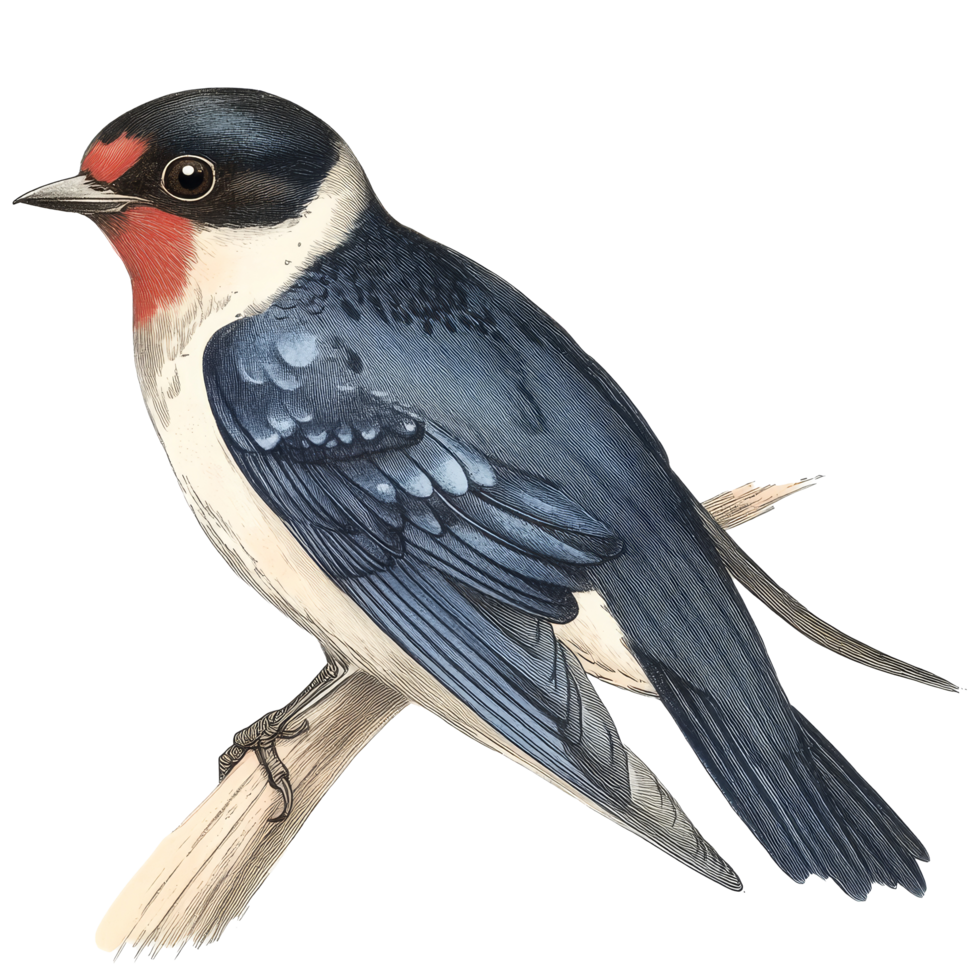 Detailed botanical illustration of a swallow bird perched elegantly on a branch against a transparent background, Swallow Bird Botanical Illustration on transparent background png