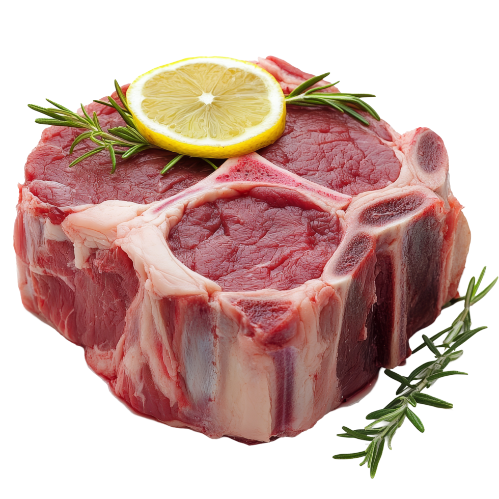 Isolated raw beef shank with fresh lemon slice and rosemary garnish on a transparent background, Isolated raw beef shank png