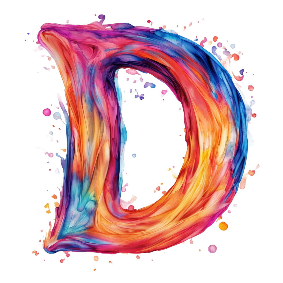 Colorful artistic representation of the letter D surrounded by vibrant splashes of paint on a transparent background, consonant letter d is used to make words on transparent backgroundfile png