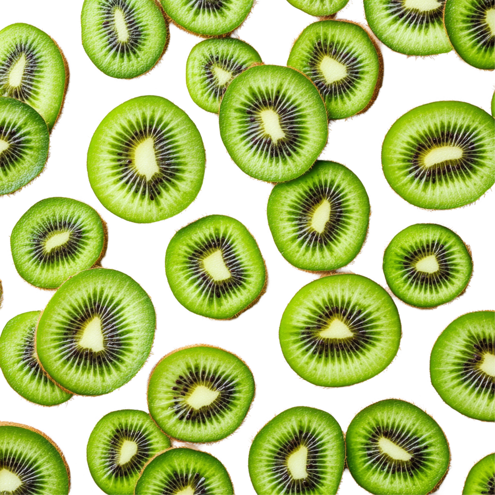 Slices of fresh kiwi fruit arranged on a transparent background for a vibrant culinary display, Many slices of kiwi fruit on transparent background png