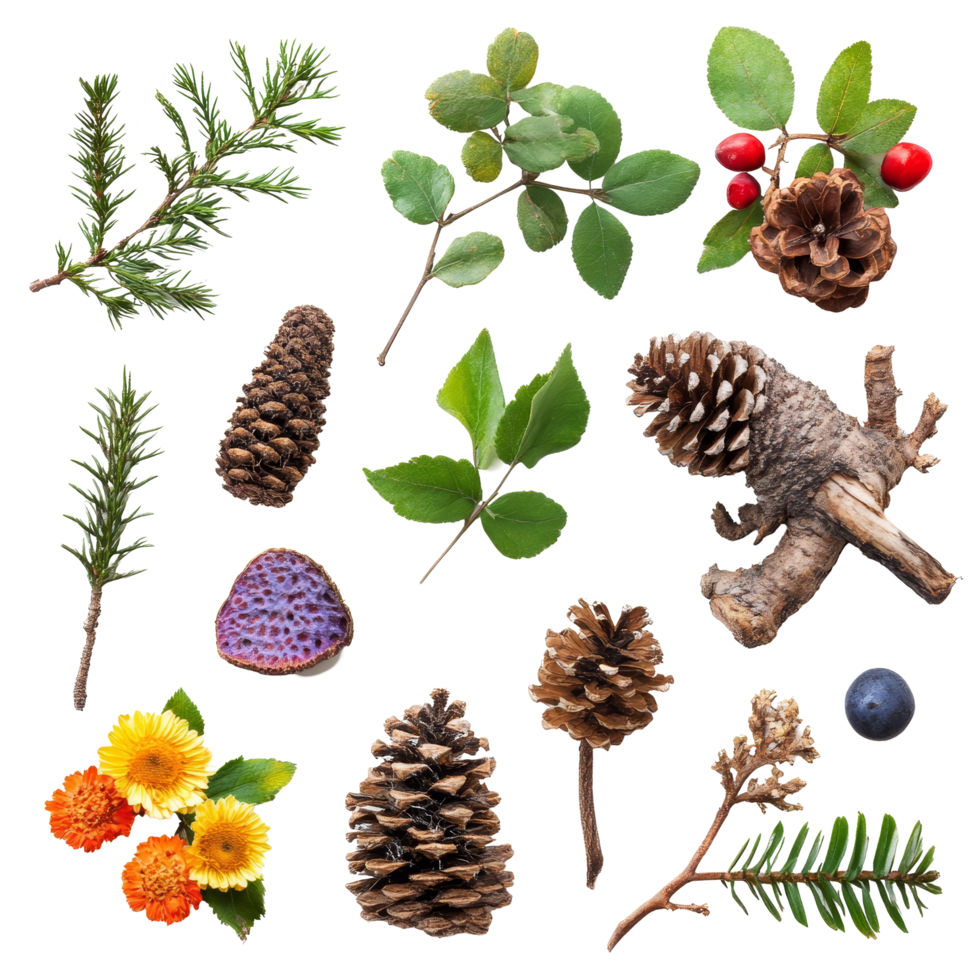 Collection of various natural items showcasing beauty on a transparent background, Beautiful nature items isolated on transparent background or transparent backgroud png