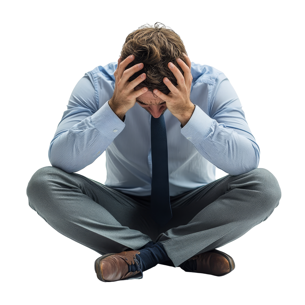 A sad man sits on the floor in a formal outfit, deeply distressed while holding his head in his hands, sad man is going through a crisis or is sick, file of isolated object on transparent background png