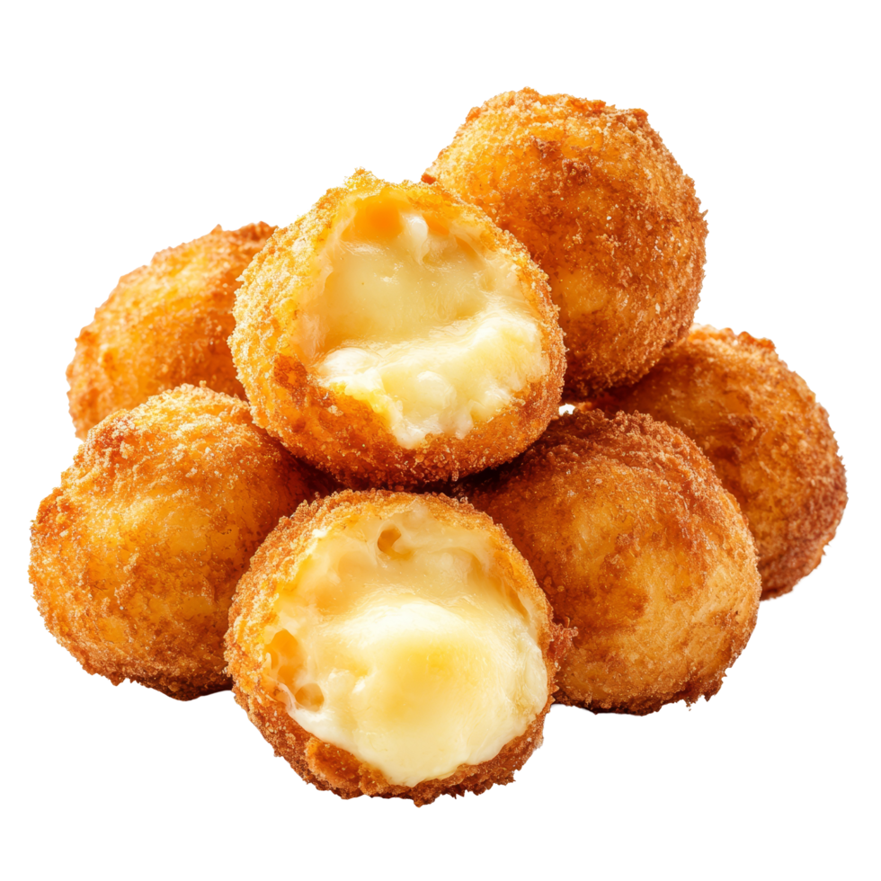 Deliciously crispy fried cheese balls stacked on a transparent background ready to be served and enjoyed anytime, fried cheese balls on transparent background png