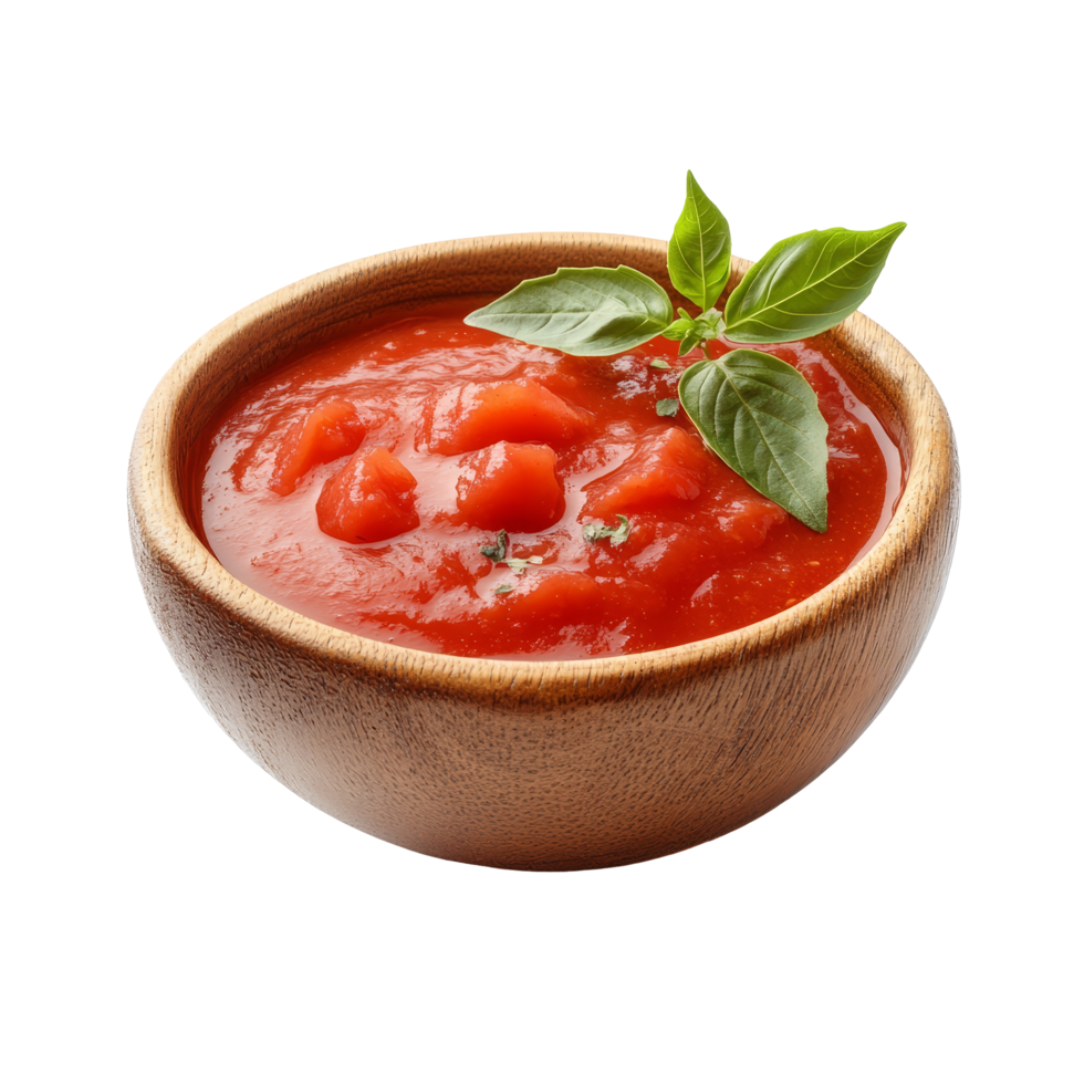 Fresh tomato sauce in a wooden bowl with basil leaves on a transparent background ready for culinary use, Tomato sauce in wood bowl isolated on transparent background png