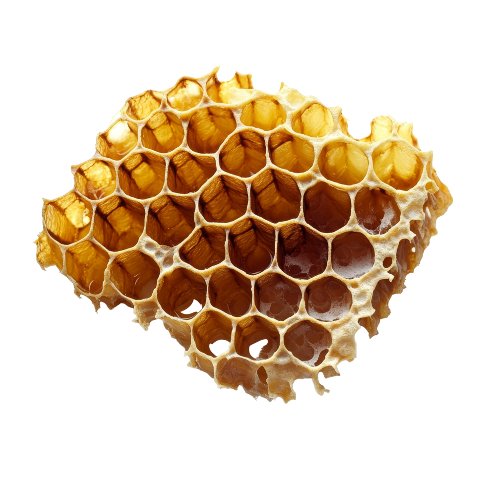 Natural honeycomb on a transparent backdrop showcasing intricate hexagonal patterns and rich golden color, Honeycomb on a transparent background png