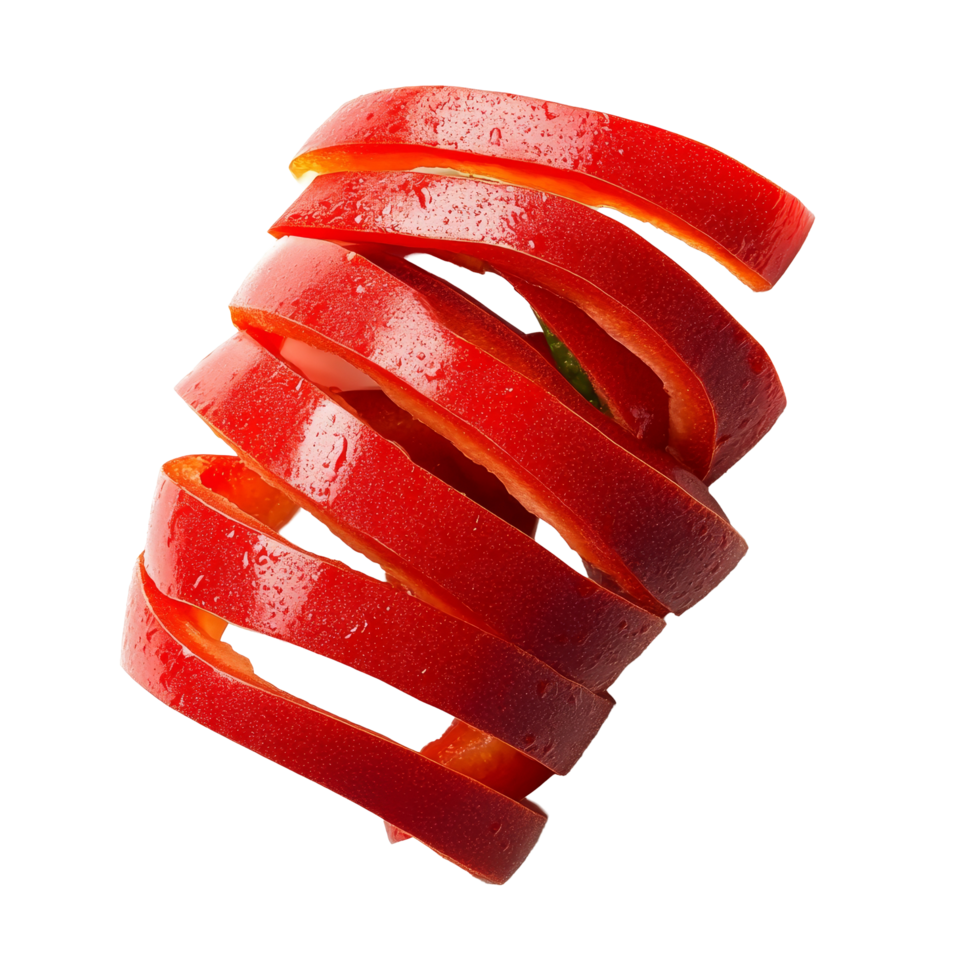 Sliced red pepper pieces arranged on a transparent background, showcasing vibrant color and fresh texture, Sliced red pepper isolated on transparent background png