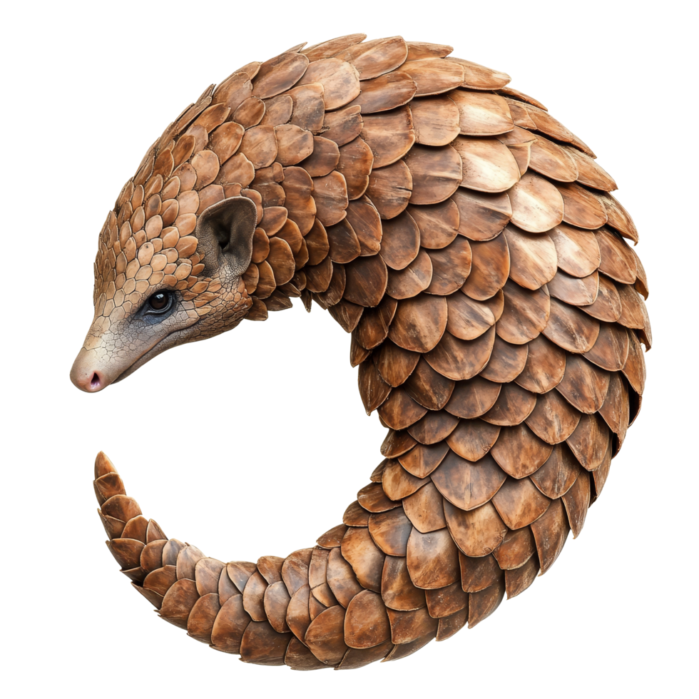 A pangolin curled up in a defensive position on a clean transparent background, a pangolin isolated on transparent background png