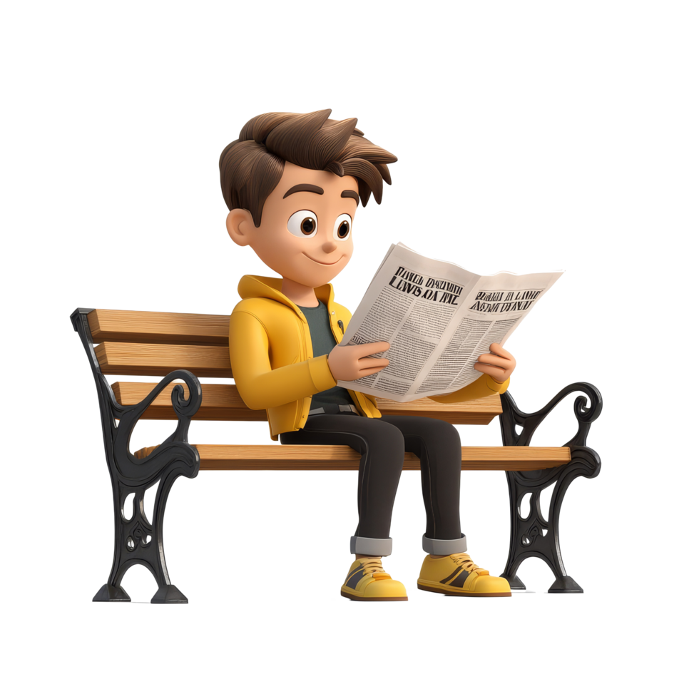 Cartoon character sitting on a bench reading a newspaper during a sunny day, 3d cartoon character male reading newspaper on a bench, on transparent background png