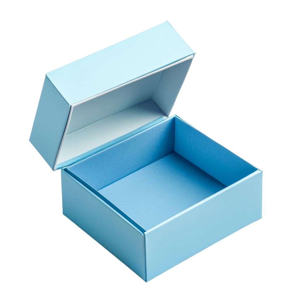 Open blue gift box isolated on a transparent background showcasing its interior design and color, Blue open gift box isolated on transparent background png