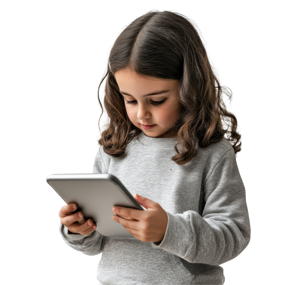 A young girl focused on her tablet in a cozy indoor setting, engaged in learning and exploration, kid girl using tablet, file of isolated object with shadow on transparent background png