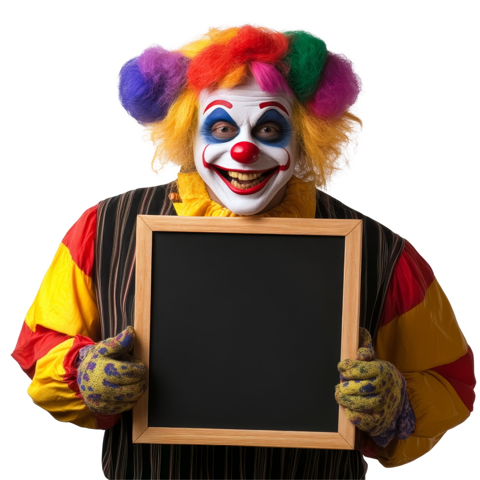 A cheerful clown holds a blank board while showcasing a colorful costume against a bright transparent background, clown with blank board isolated on transparent background png
