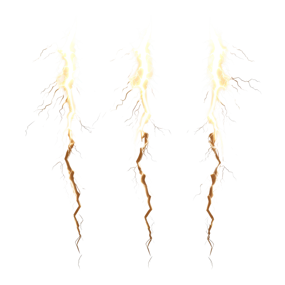 Stunning realistic lightning bolts illuminated against a pristine transparent background, Striking Realistic Lightning Bolts isolated on transparent background png