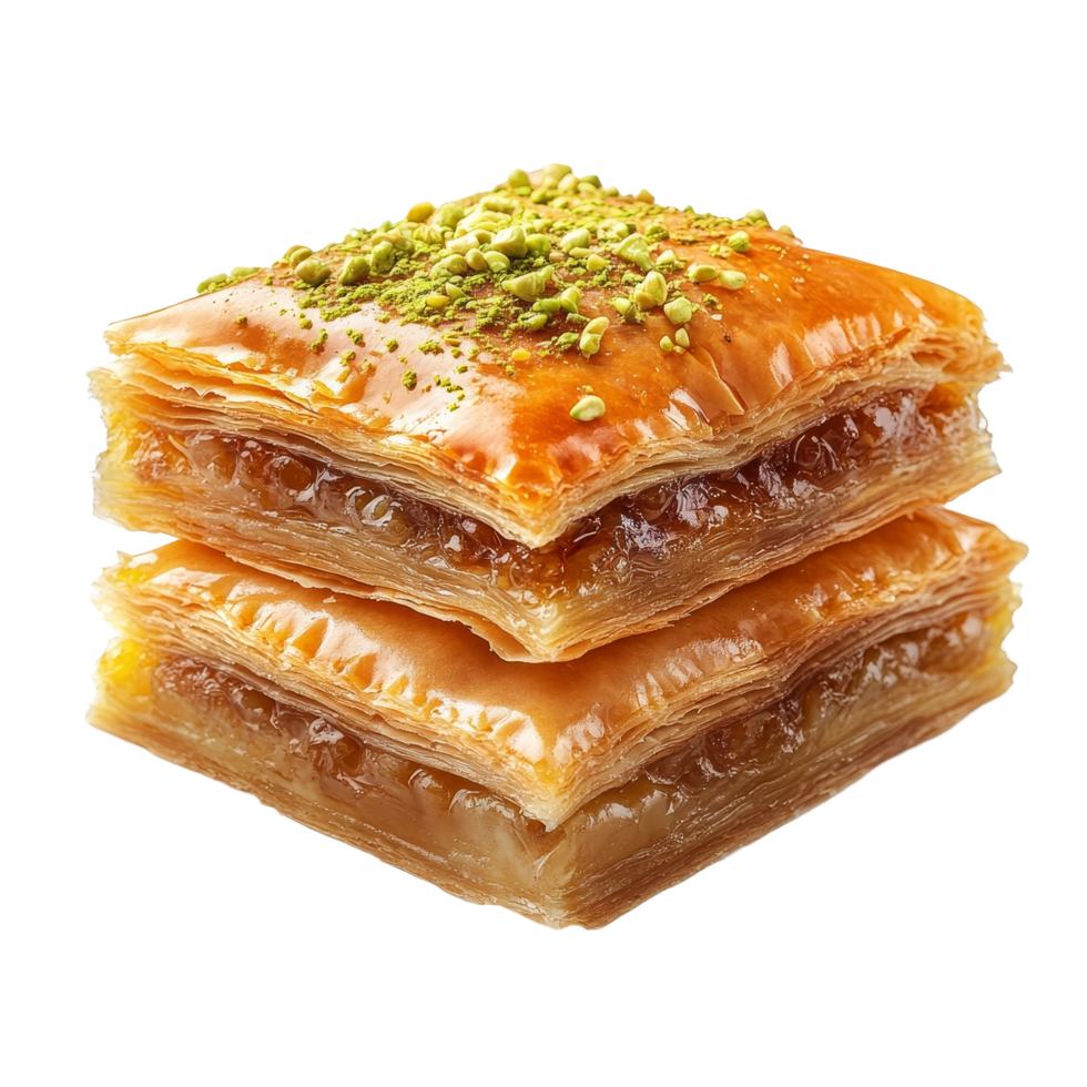 Deliciously layered baklava topped with pistachios isolated on a clean transparent background, Baklava isolated on transparent background png