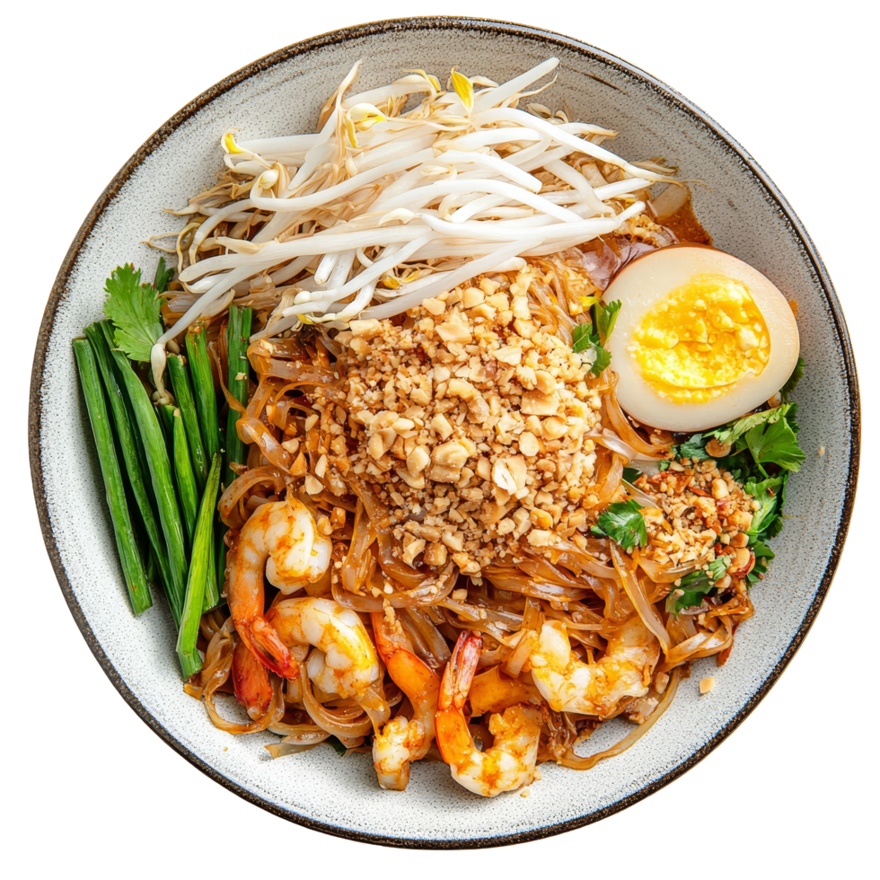 Delicious pad thai with shrimp, egg, and vegetables served on a transparent plate for a satisfying meal experience, Top view delicious two pad thai food plate on a transparent background png