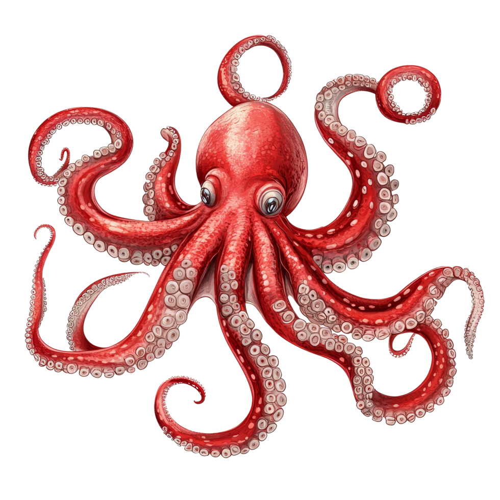 Vibrant red octopus illustration isolated on a clean transparent background showcasing intricate details and textures, Red Octopus Illustrations Isolated on transparent background png