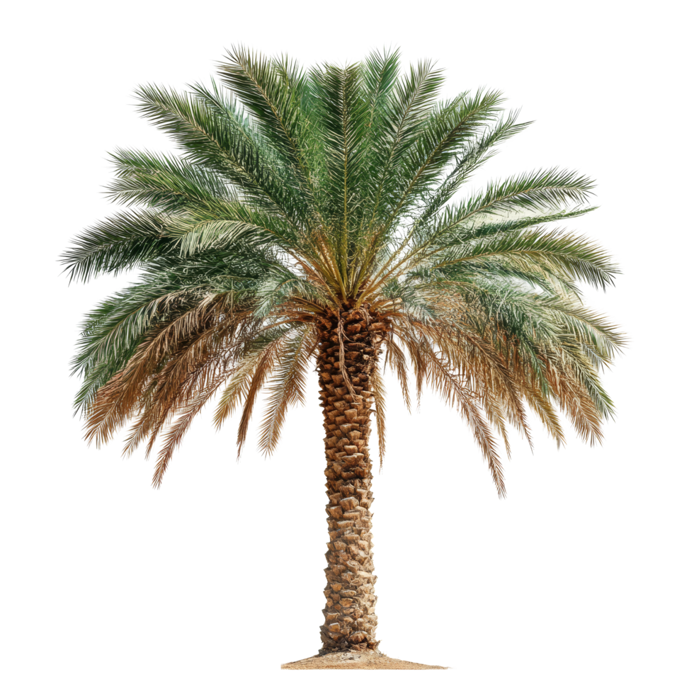 Elegant date palm standing alone on a bright transparent background showcasing its lush foliage and distinct trunk, date palm isolated on transparent background png