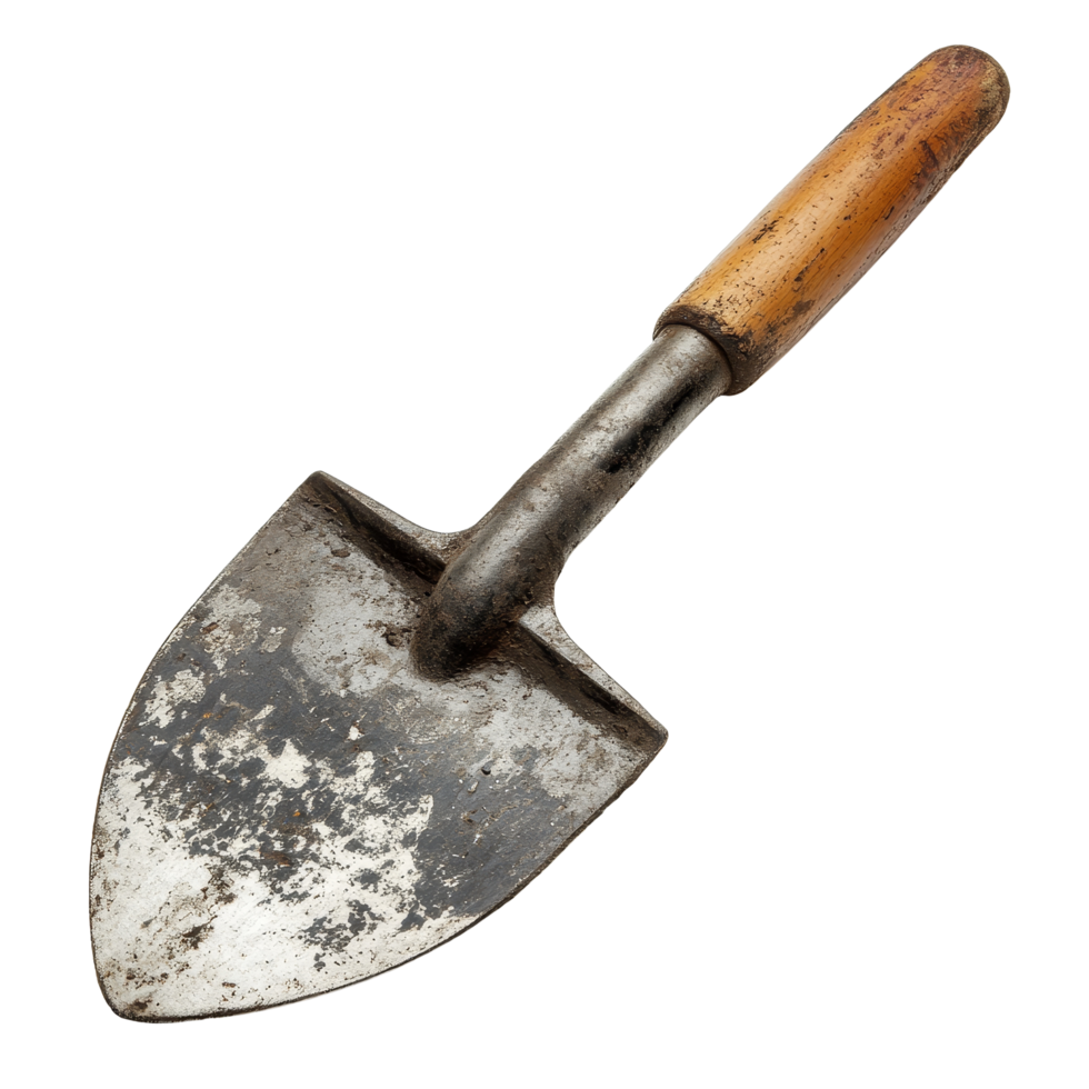 An old, worn trowel resting on a transparent background, showcasing signs of extensive use and gardening heritage, old trowel isolated on transparent backgroundfile png