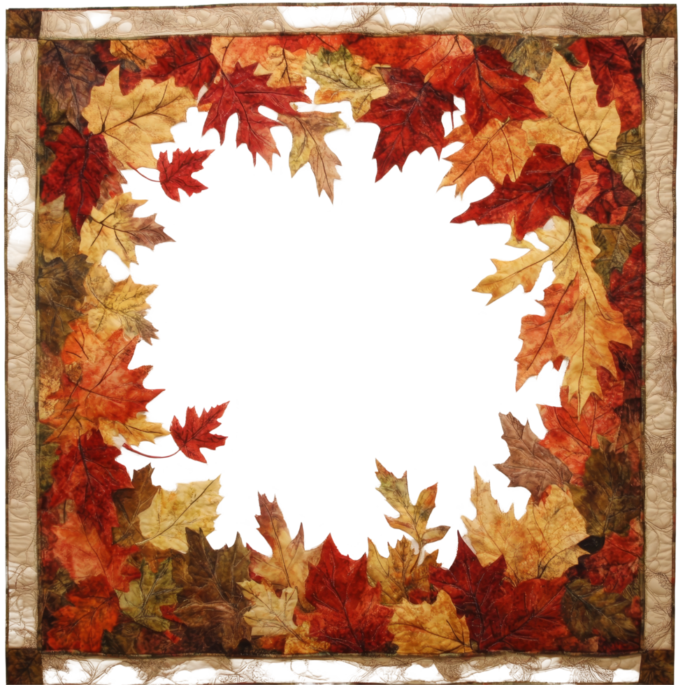 A vibrant autumn leaves border quilt framing a blank center ideal for seasonal decor, autumn leaves border png