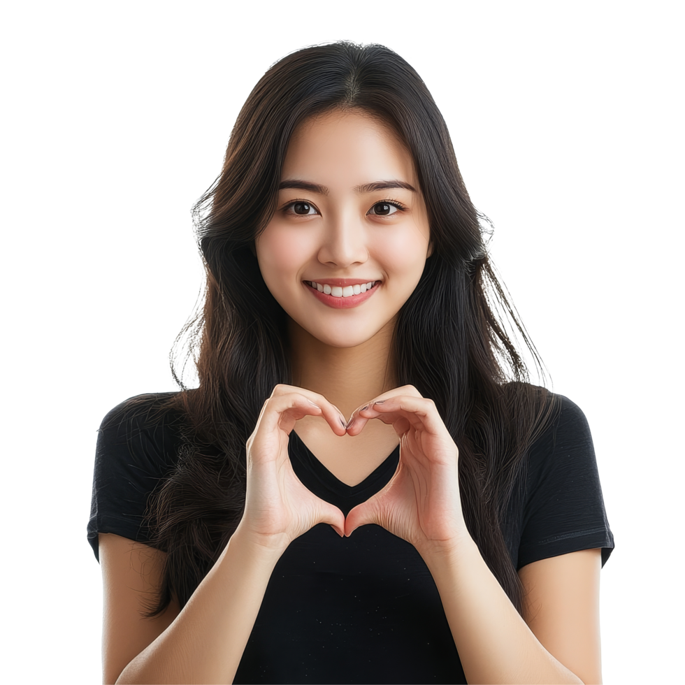 Asian woman forms a heart shape with her hands, smiling brightly against a light background, Beauty Asian woman making heart shape hand sign isolated transparent background png