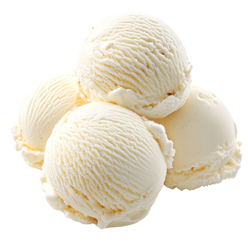 Delicious vanilla ice cream scoops stacked high on a transparent background, perfect for summer dessert enjoyment, Vanilla ice cream png