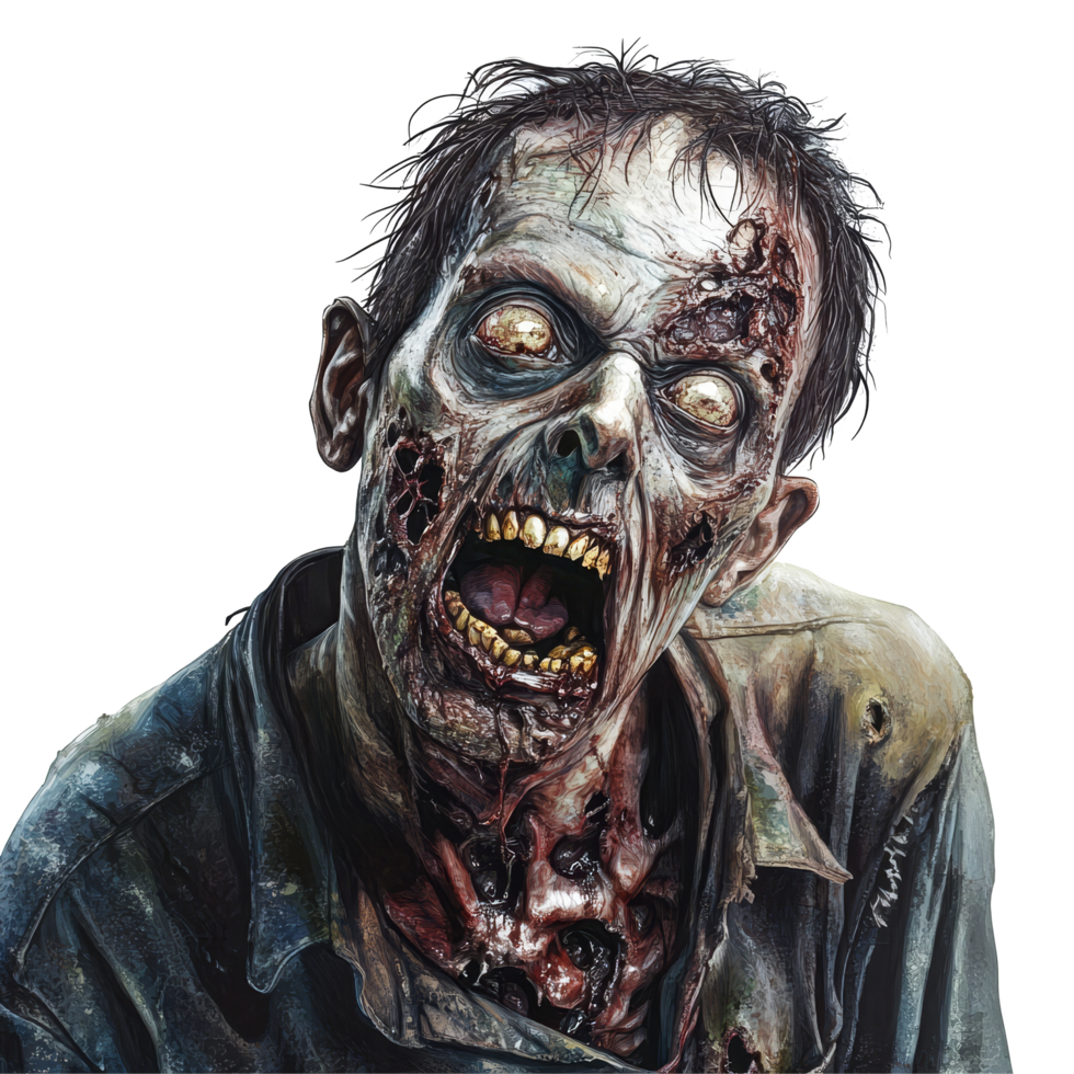 A terrifying zombie with gruesome features contrasts starkly against a transparent background, creating an eerie scene, Scary Horror Zombie on transparent background png