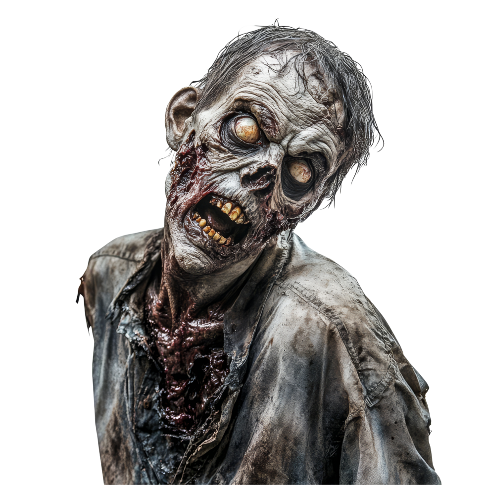 A terrifying zombie isolated on a transparent background showcasing chilling details and a haunting expression, Scary Zombie Portrayed Isolated on transparent background png