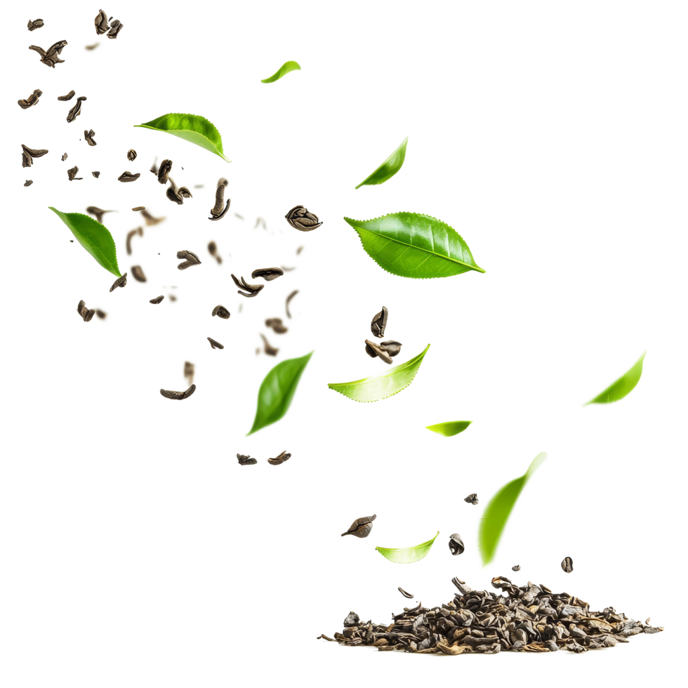 Elegant tea leaves and fragments floating gracefully in the air against a pure transparent background, tea leaves flying in air isolated transparent background cutout png