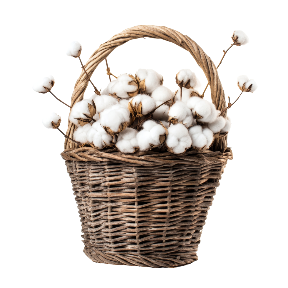 A woven basket filled with fluffy cotton bolls on a clean transparent background, showcasing natural beauty and rustic charm, cotton in the basket on transparent background png