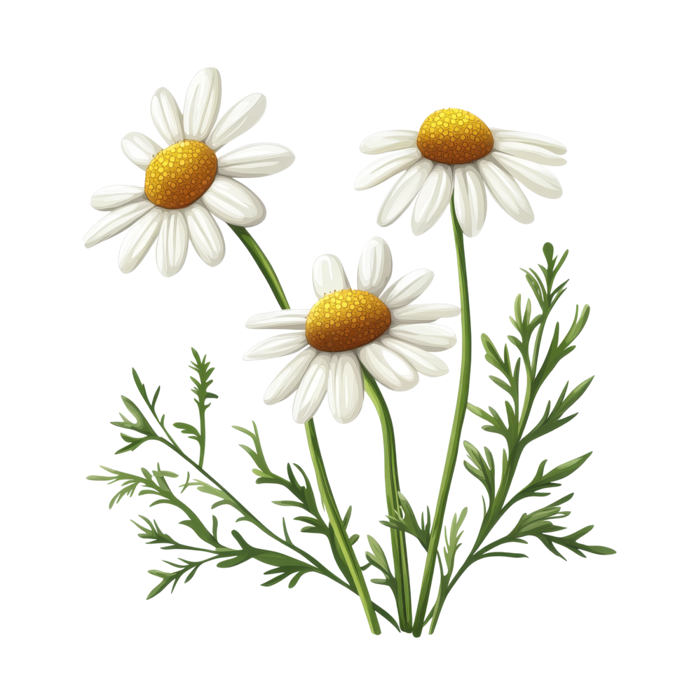 Chamomile flowers isolated on a transparent background showcasing their vibrant petals and yellow centers, Chamomile flower separate element isolated on transparent background or transparent backgroud png