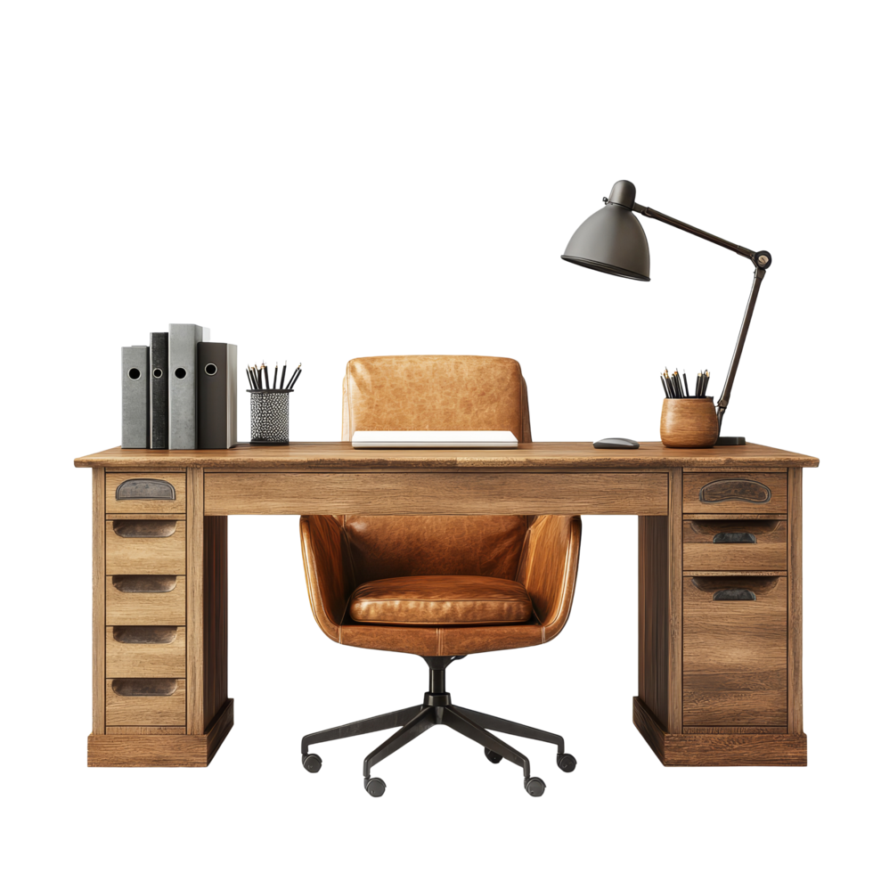 Elegant wooden workspace featuring a leather armchair and a stylish desk lamp, perfect for creative productivity, Stylish Wooden Workspace with Leather Armchair and Modern Lamp on transparent png