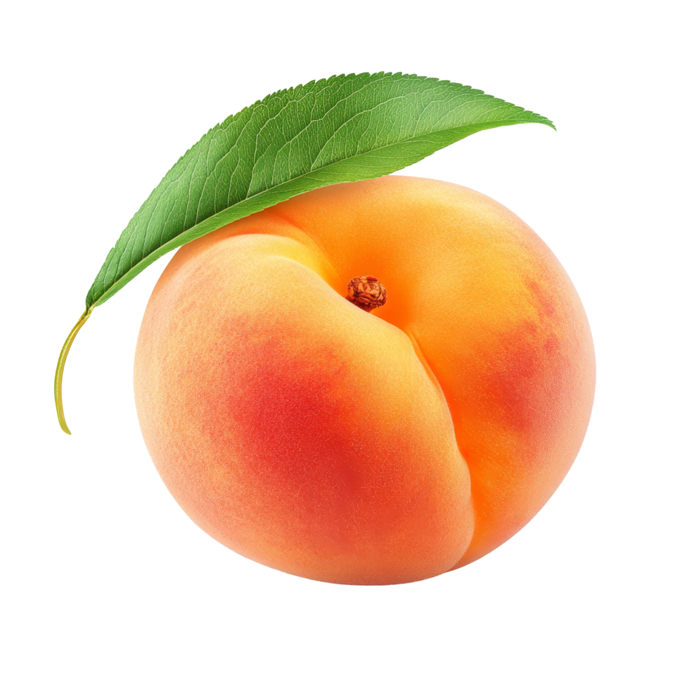 Fresh peach fruit with green leaf resting on a transparent background, perfect for cooking or snacking at any time, peach fruit with leaf isolated on transparent background png