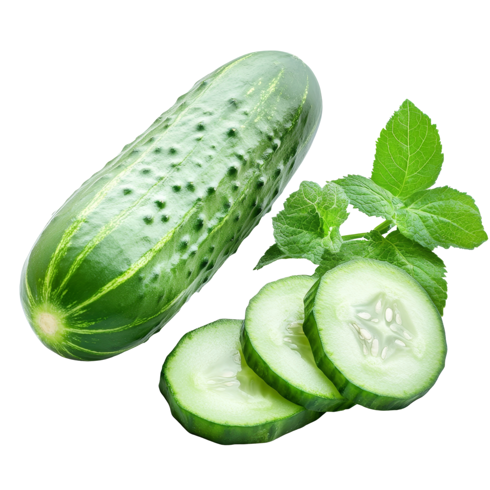 Fresh cucumber and sliced pieces with mint leaves on a transparent background showcasing healthy ingredients for salads or sandwiches, Cucumber and slices isolated on transparent background png
