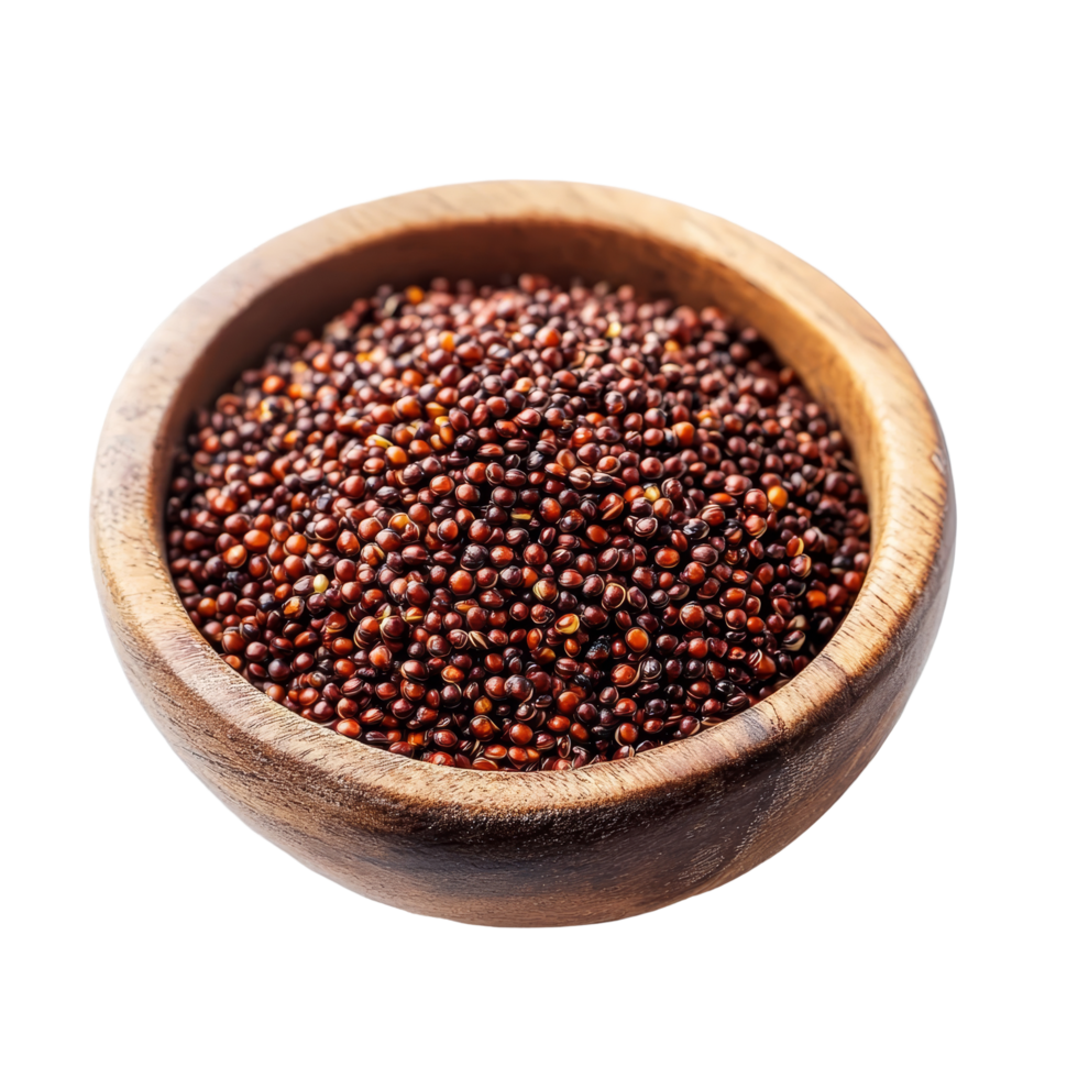 Red quinoa grains in a wooden bowl on a clean transparent background, showcasing their unique texture and color, red quinoa on transparent background png