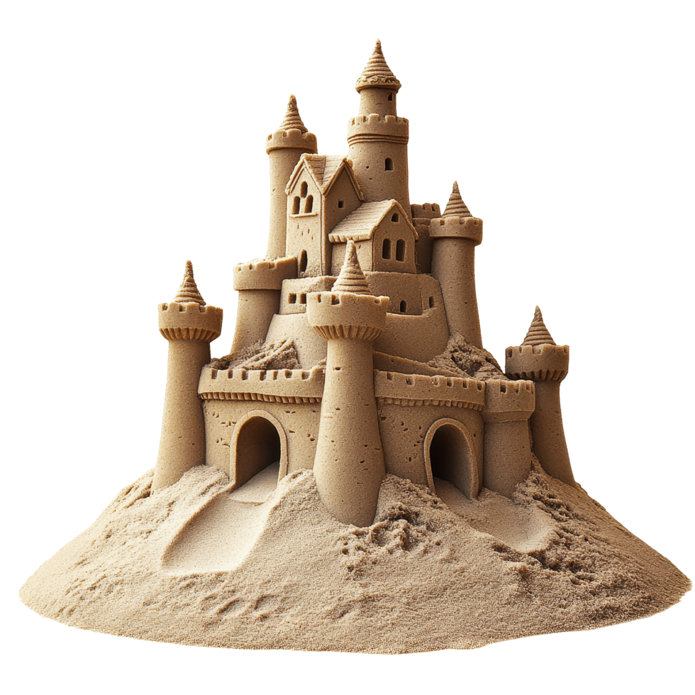 Creative sandcastle built on the beach stands proudly, showcasing intricate towers and details, Beach sandcastle isolated on transparent background png