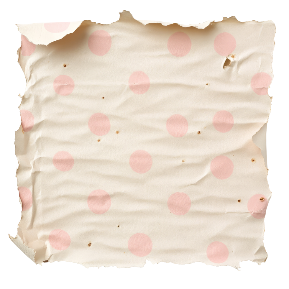 Torn polka dot paper sheet lies on a transparent background, showcasing a whimsical design ideal for creative projects, torn polka dot paper sheet on transparent backgroundfile png